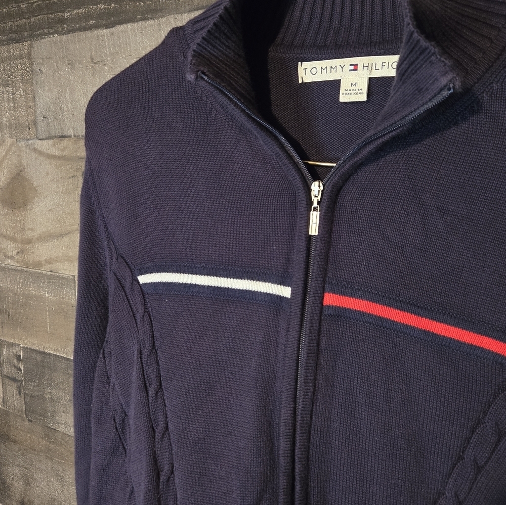 Tommy Hilfiger Men's Navy Zip-Up Cable Knit Sweater - Picture 5 of 8